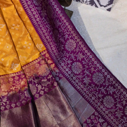 Canary Yellow Silk Jamdani Saree with Purple Floral Border