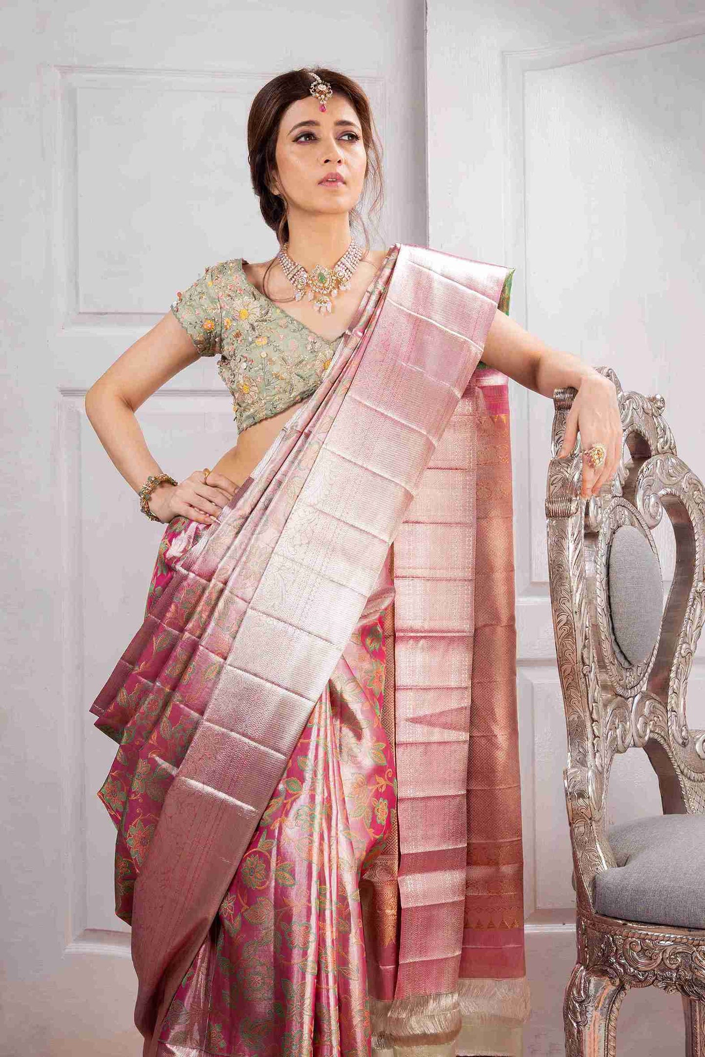 Pink tissue kanjivaram silk saree