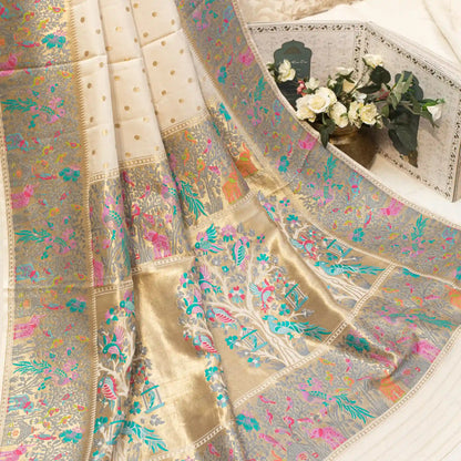 Classic White and Gold Ecru Mashru Paithani Sari