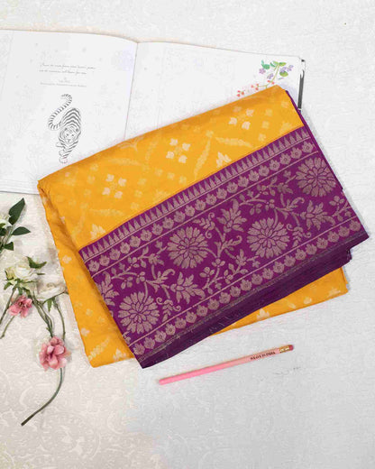 Canary Yellow Silk Jamdani Saree with Purple Floral Border