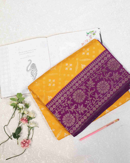 Canary Yellow Silk Jamdani Saree with Purple Floral Border