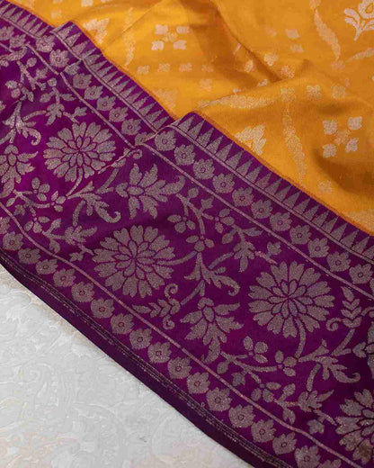 Canary Yellow Silk Jamdani Saree with Purple Floral Border