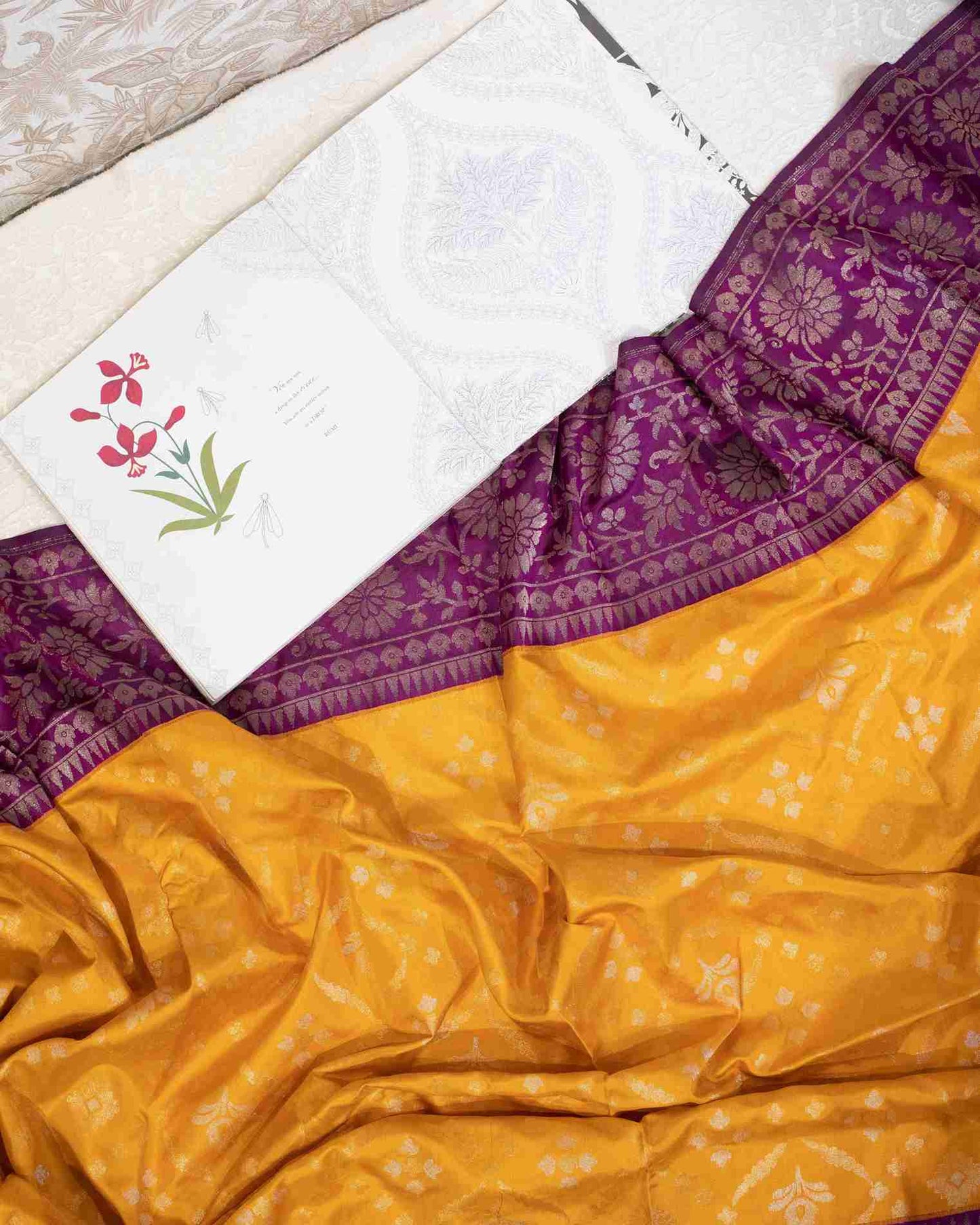 Canary Yellow Silk Jamdani Saree with Purple Floral Border