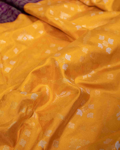 Canary Yellow Silk Jamdani Saree with Purple Floral Border