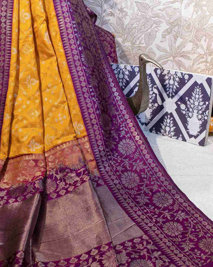 Canary Yellow Silk Jamdani Saree with Purple Floral Border