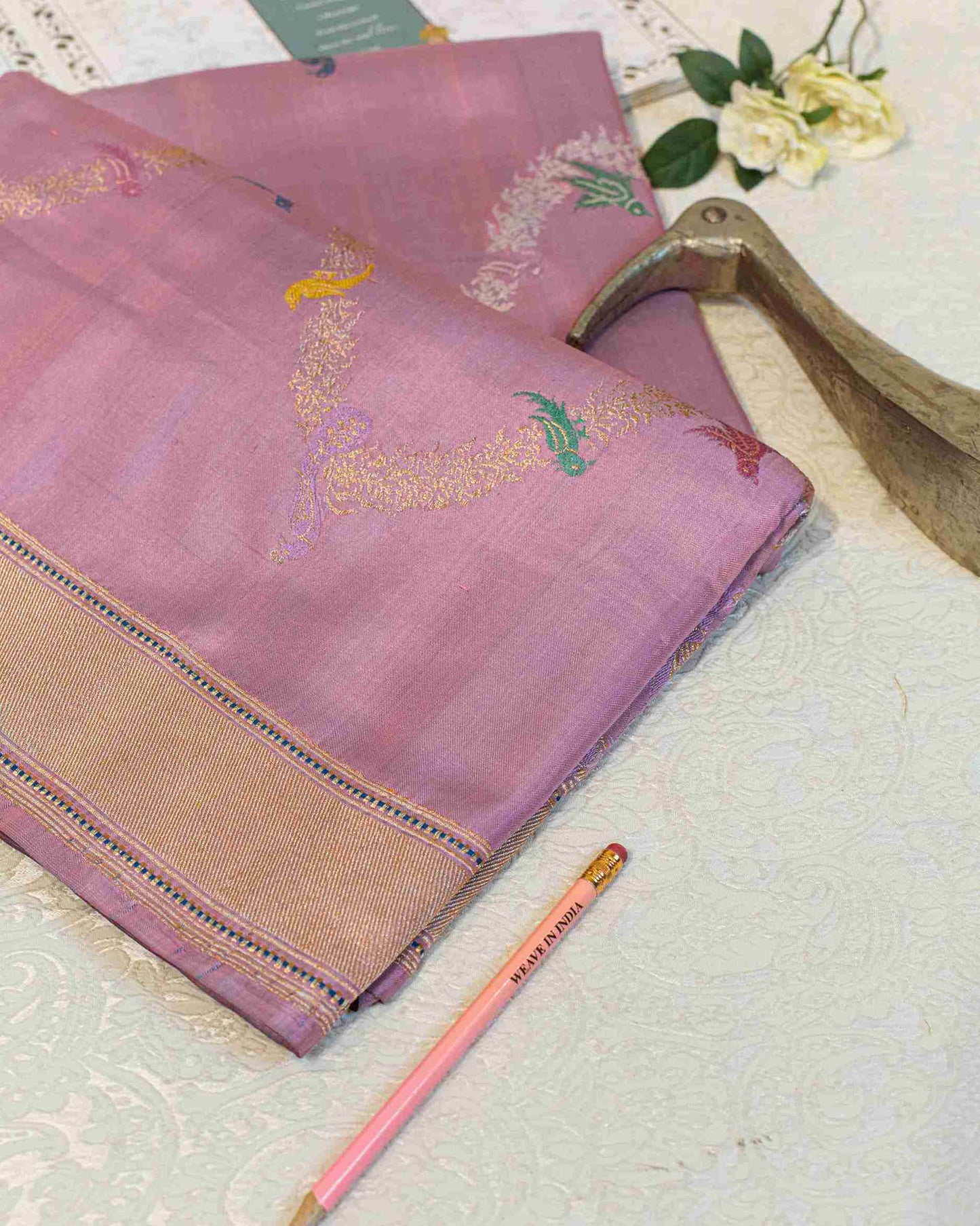 Handwoven Mulberry Banarasi Silk Saree with Minakari Bird Motifs