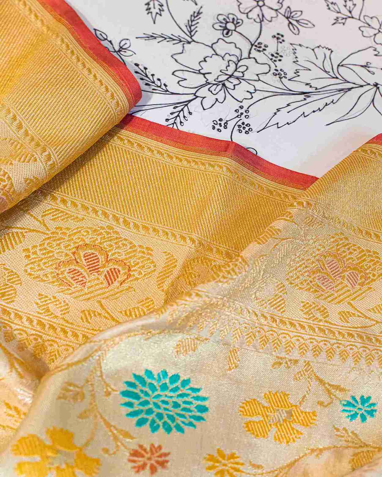 Ecru Banarasi Rangkat Handwoven Silk Saree with Gold Zari