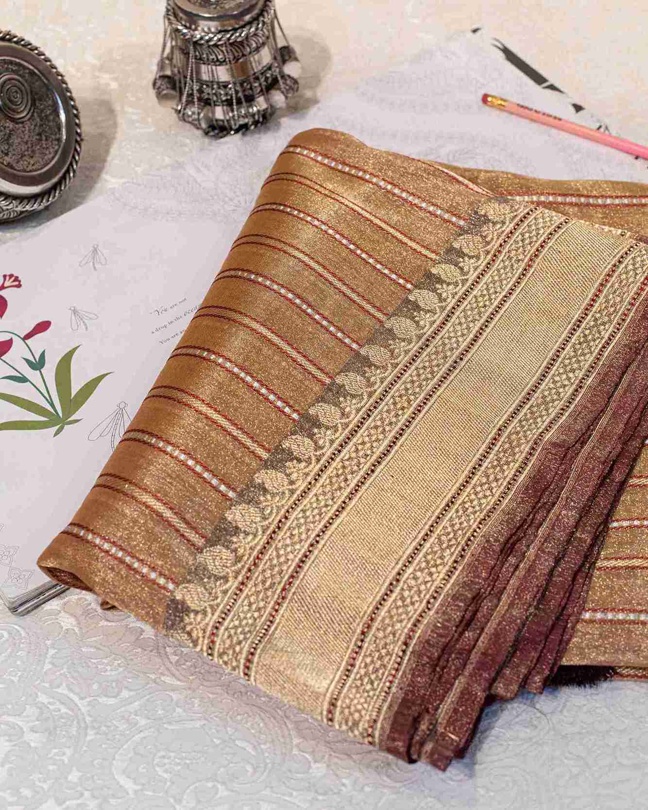 Classic Rust & Dull Gold Banarasi Silk Tissue Saree