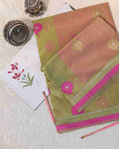 Lime Green Banarasi Kora Silk Saree