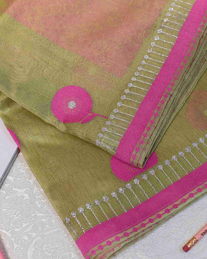 Lime Green Banarasi Kora Silk Saree