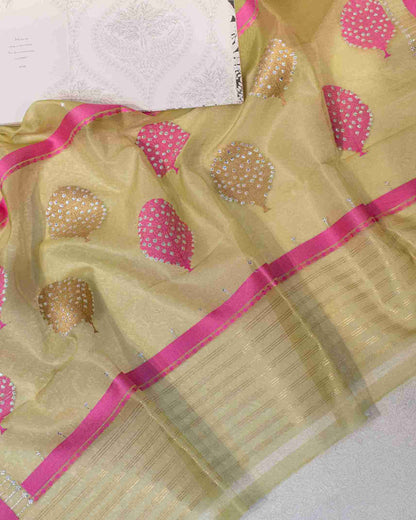 Lime Green Banarasi Kora Silk Saree