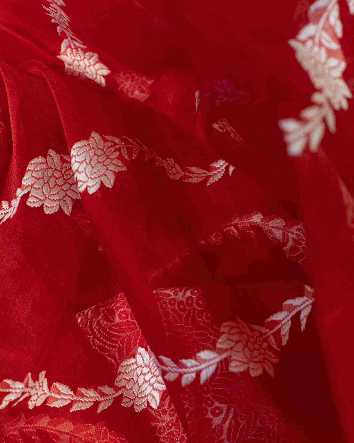 Scarlet Red Handwoven Banarasi Kora Organza Saree