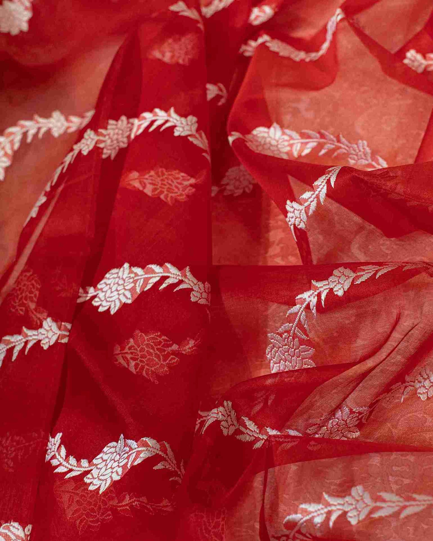 Scarlet Red Handwoven Banarasi Kora Organza Saree