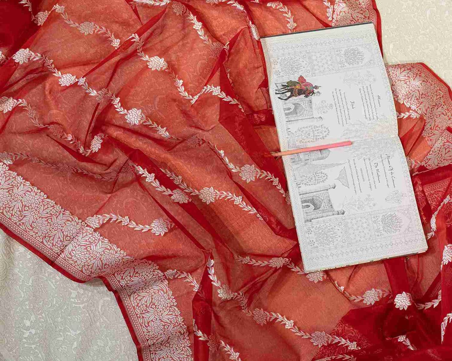 Scarlet Red Handwoven Banarasi Kora Organza Saree