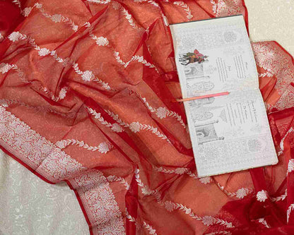 Scarlet Red Handwoven Banarasi Kora Organza Saree