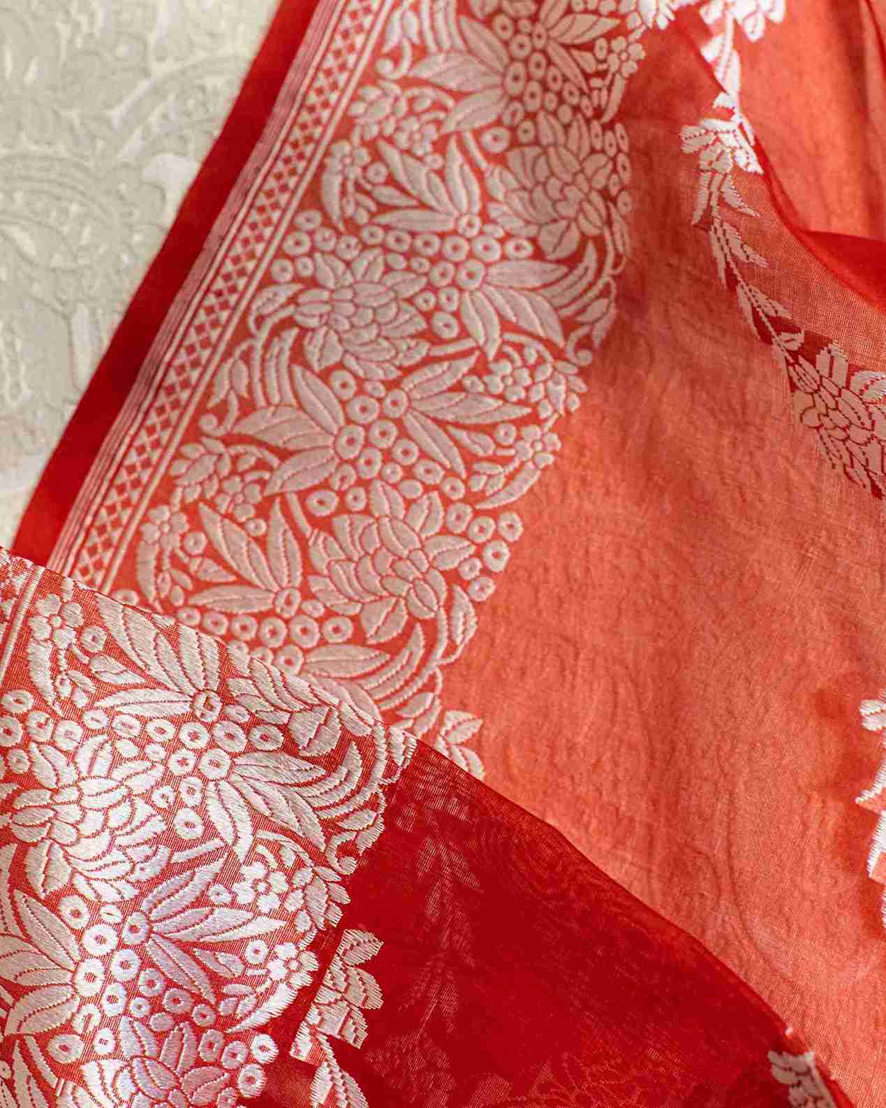 Scarlet Red Handwoven Banarasi Kora Organza Saree