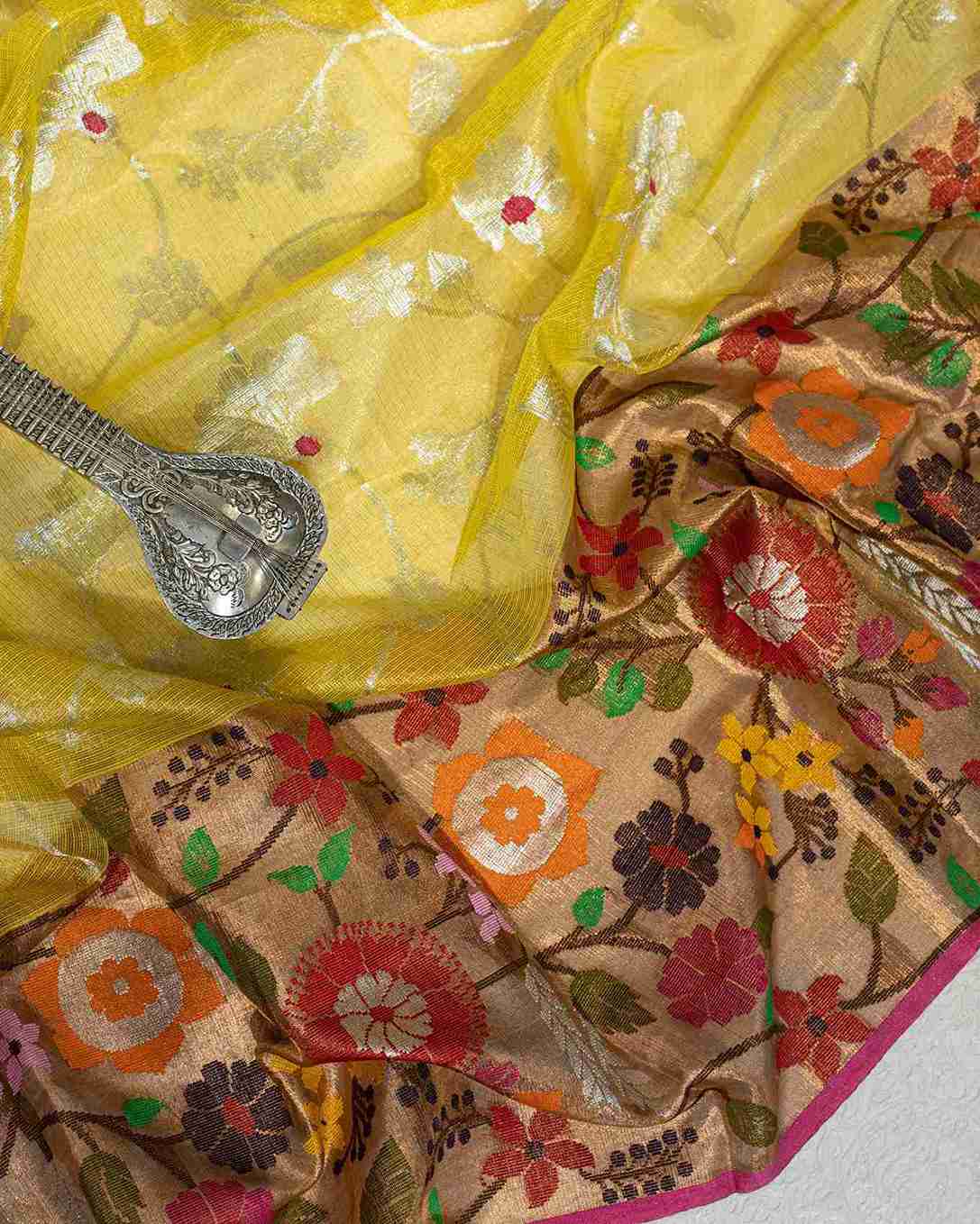 Canary Yellow Kota Saree with Silver Zari Border