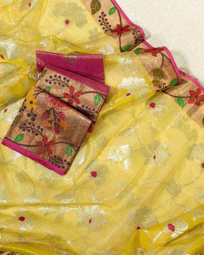 Canary Yellow Kota Saree with Silver Zari Border