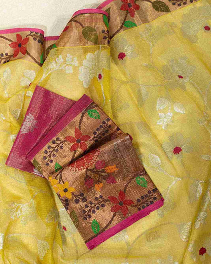 Canary Yellow Kota Saree with Silver Zari Border