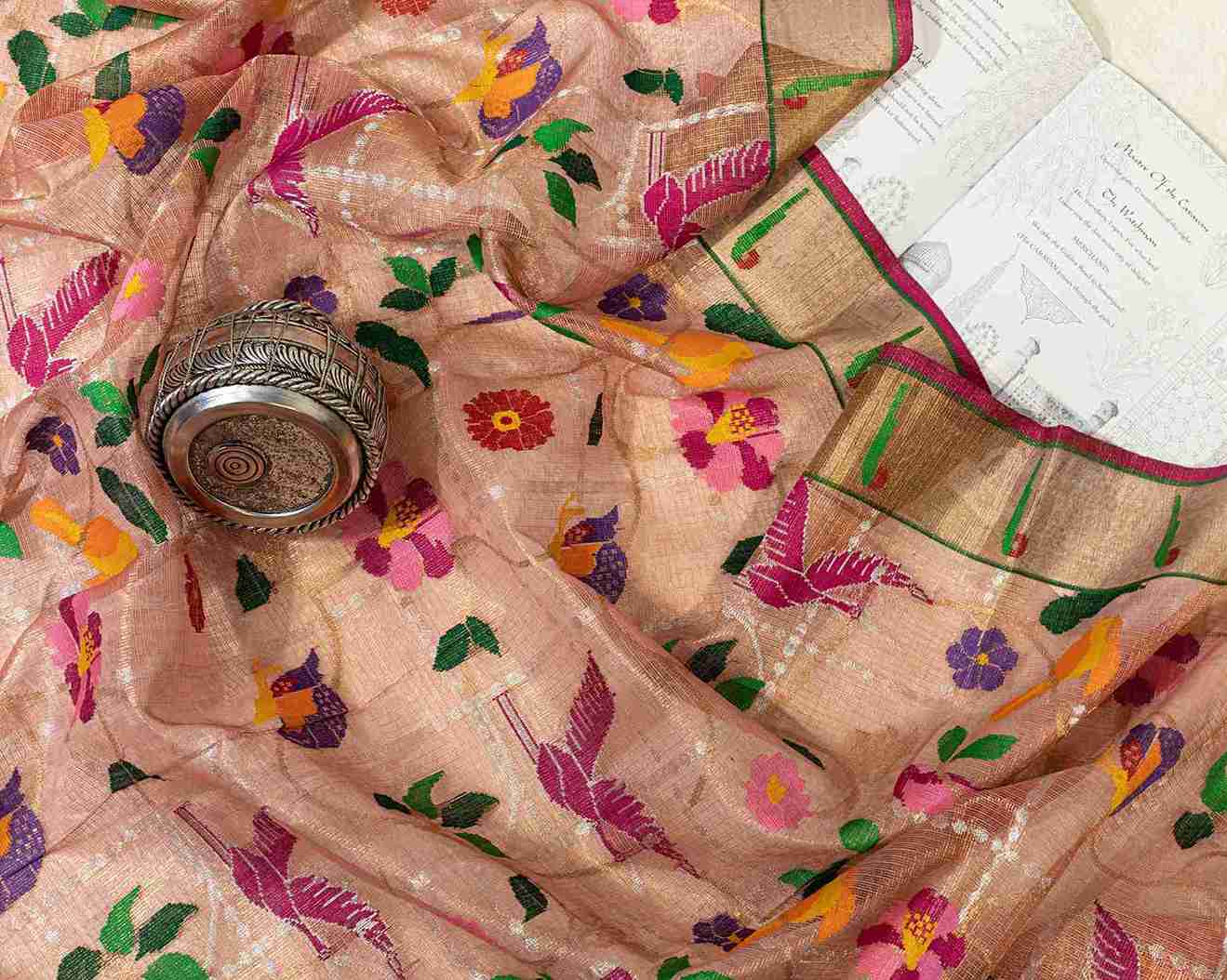 Salmon Pink Kota Saree with Floral Jamdani