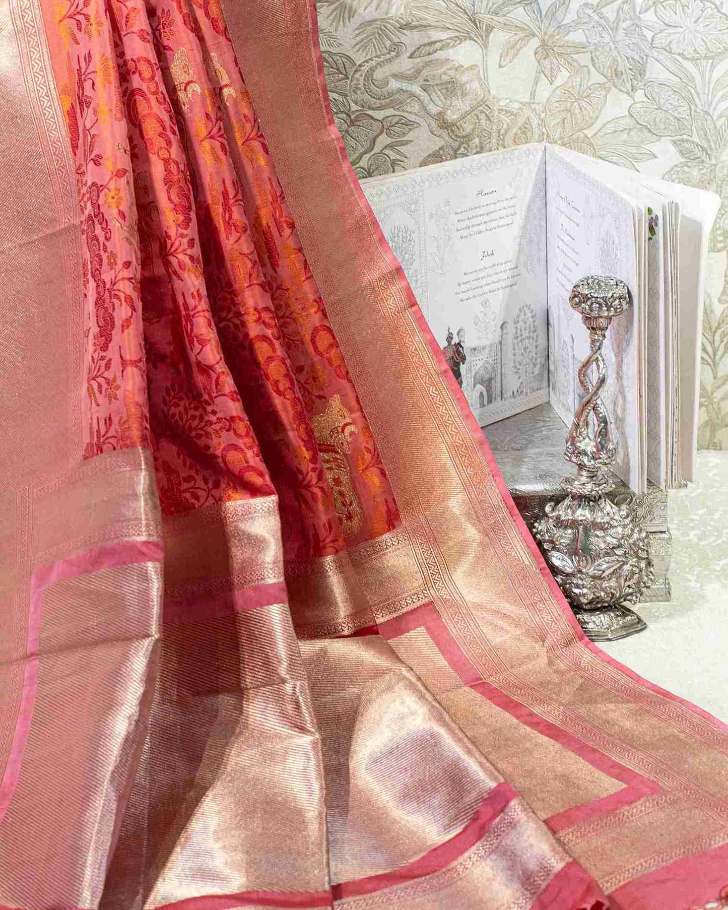 Limited Edition Pink & Red Mashru Silk Banarasi Saree with Tanchoi Weave