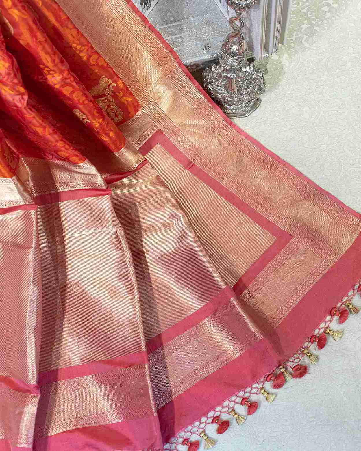 Limited Edition Pink & Red Mashru Silk Banarasi Saree with Tanchoi Weave