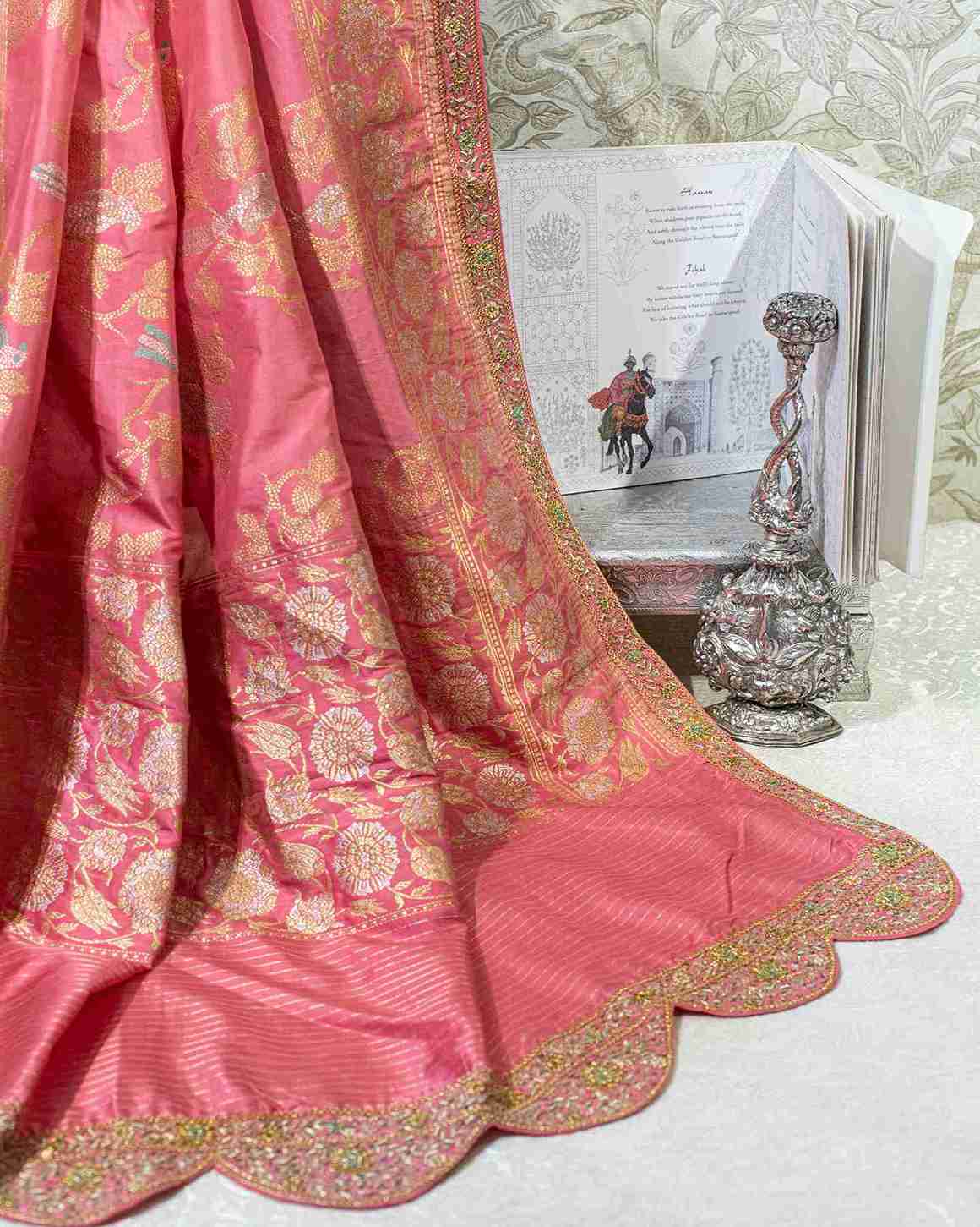 Flamingo Pink Banarasi Silk Kadwa Jaal Saree