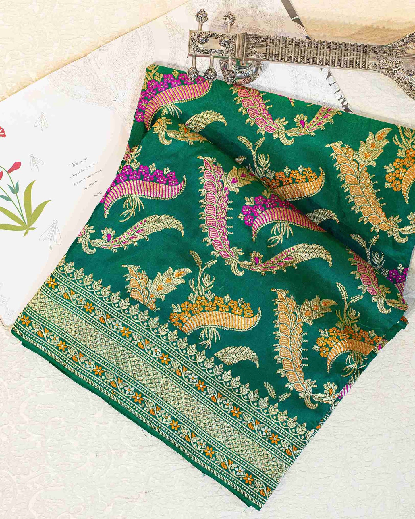 Handwoven Green Banarasi Pure Silk Saree with Meenakari Floral Jaal