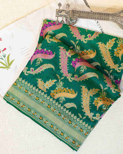 Handwoven Green Banarasi Pure Silk Saree with Meenakari Floral Jaal