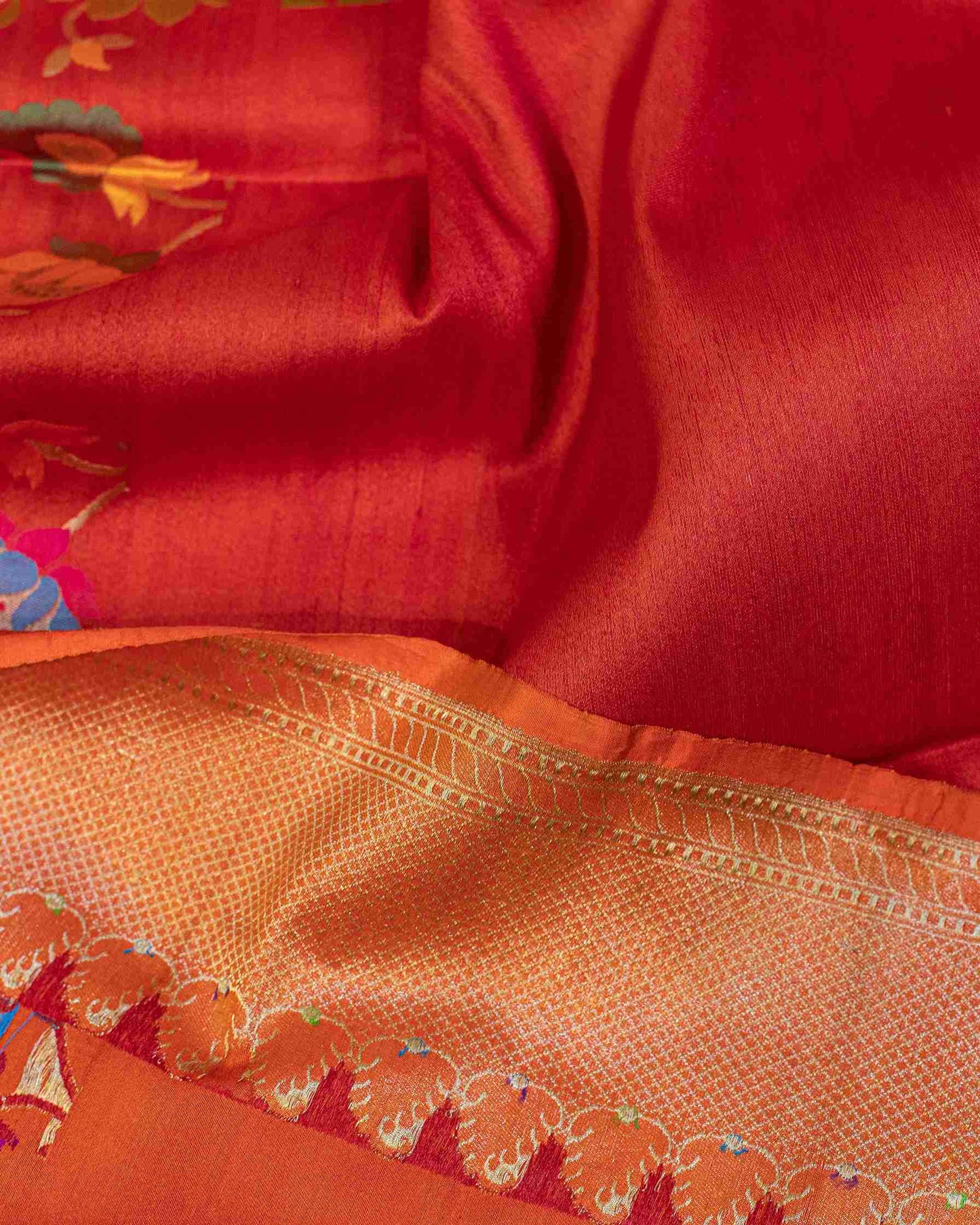 Brick Red Banarasi Tussar Silk Saree with Multicolored Meenakari Work