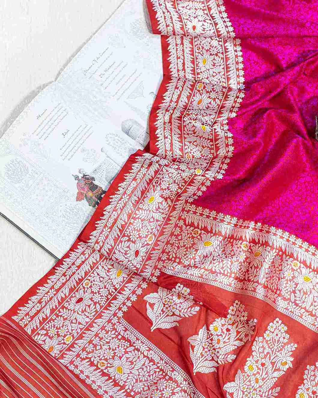 Scarlet Red and Fuchsia Tanchoi Silk Saree with Meenakari Jaal and Kadua Border