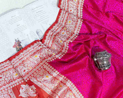 Scarlet Red and Fuchsia Tanchoi Silk Saree with Meenakari Jaal and Kadua Border