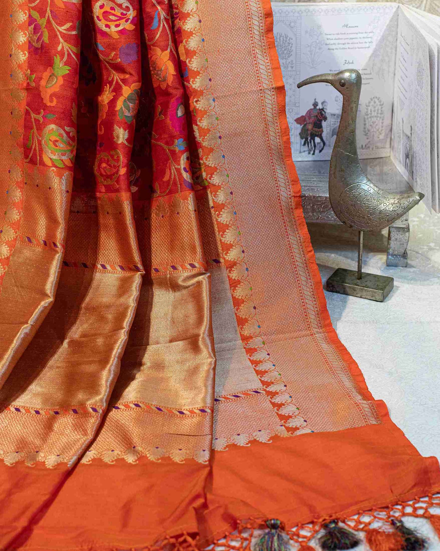 Brick Red Banarasi Tussar Silk Saree with Multicolored Meenakari Work