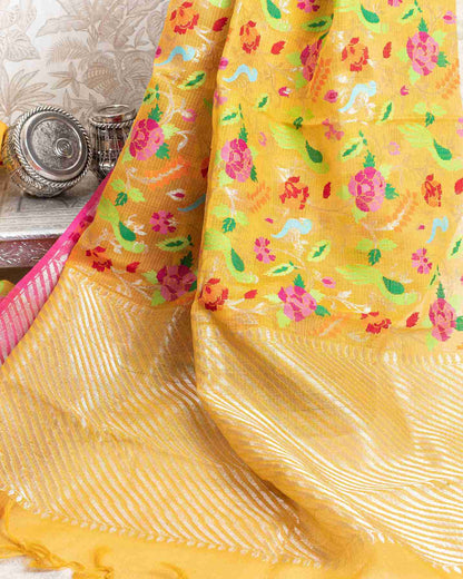 Limited Edition Real Zari Jamdani Kota Saree in Mustard Yellow