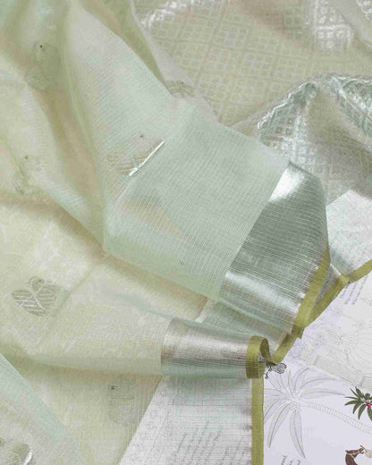 Gin Green Kota Saree with Silver Zari Buttas