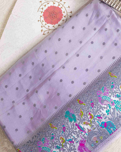 Handwoven Mashru Silk Banarasi Paithani Saree in English lavender