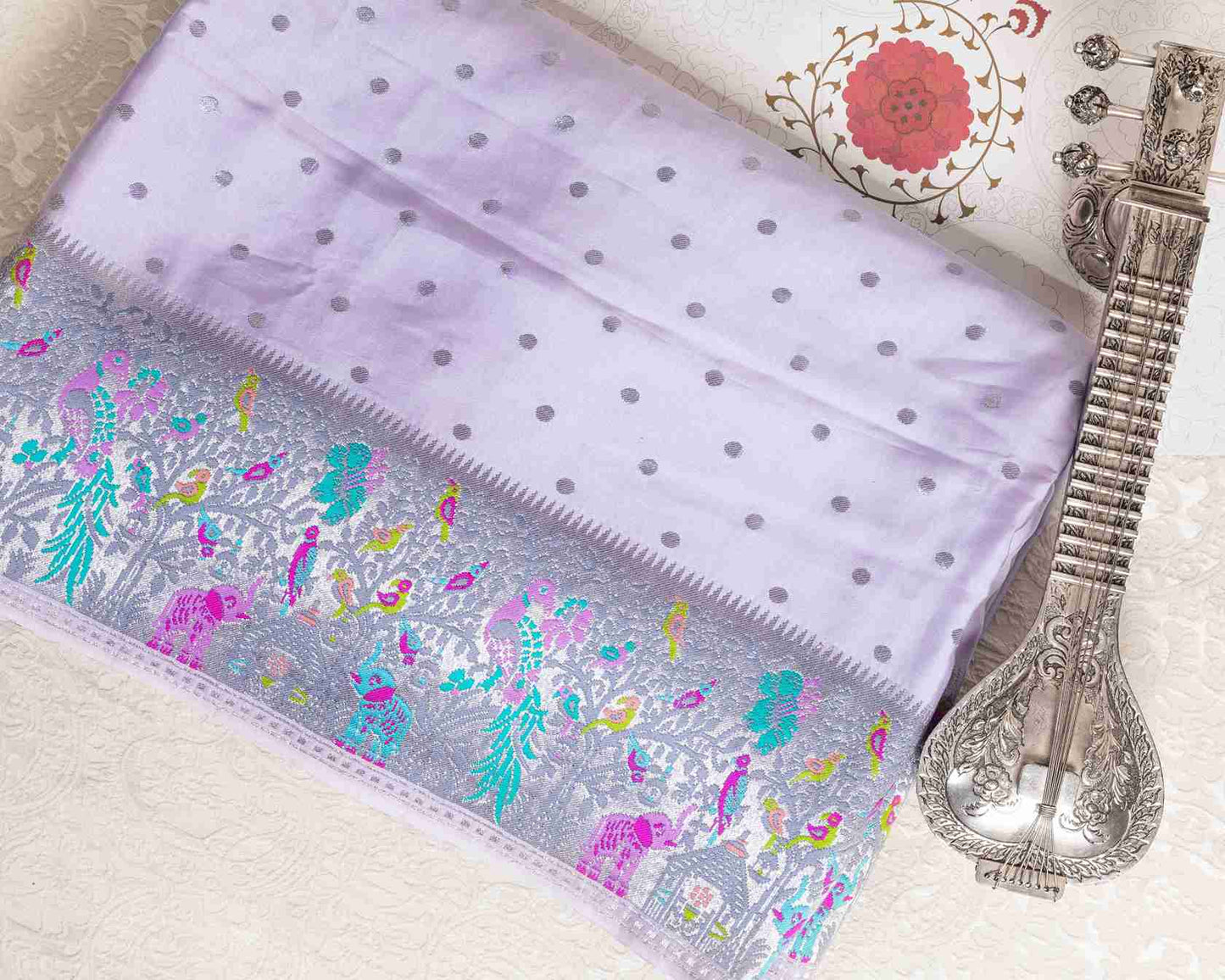 Handwoven Mashru Silk Banarasi Paithani Saree in English lavender