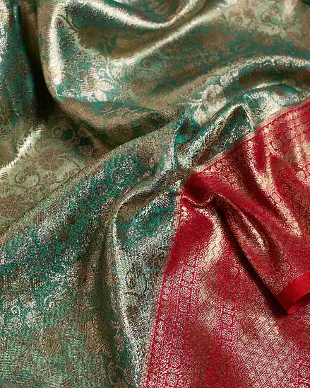 Sea Blue Tissue Kanjeevaram Saree with Fiery Red Accents