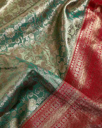 Sea Blue Tissue Kanjeevaram Saree with Fiery Red Accents