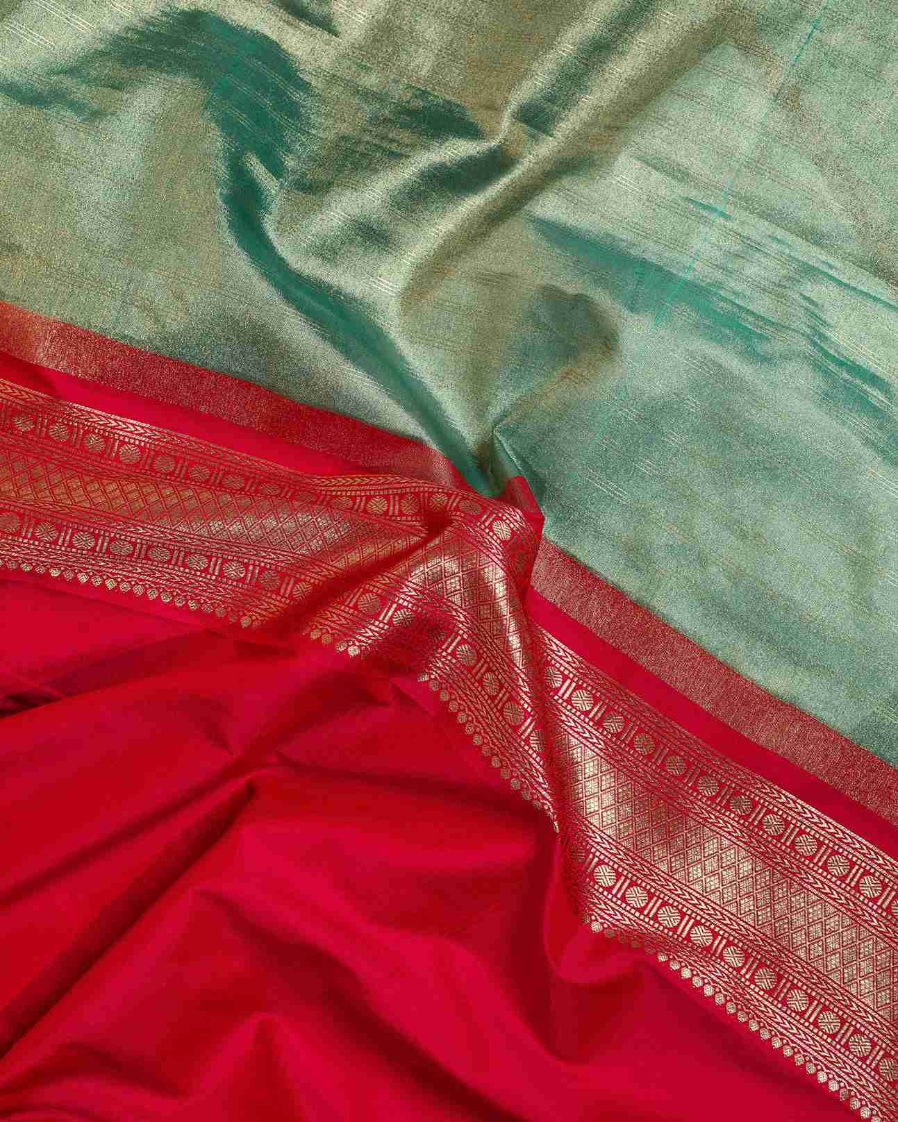 Sea Blue Tissue Kanjeevaram Saree with Fiery Red Accents