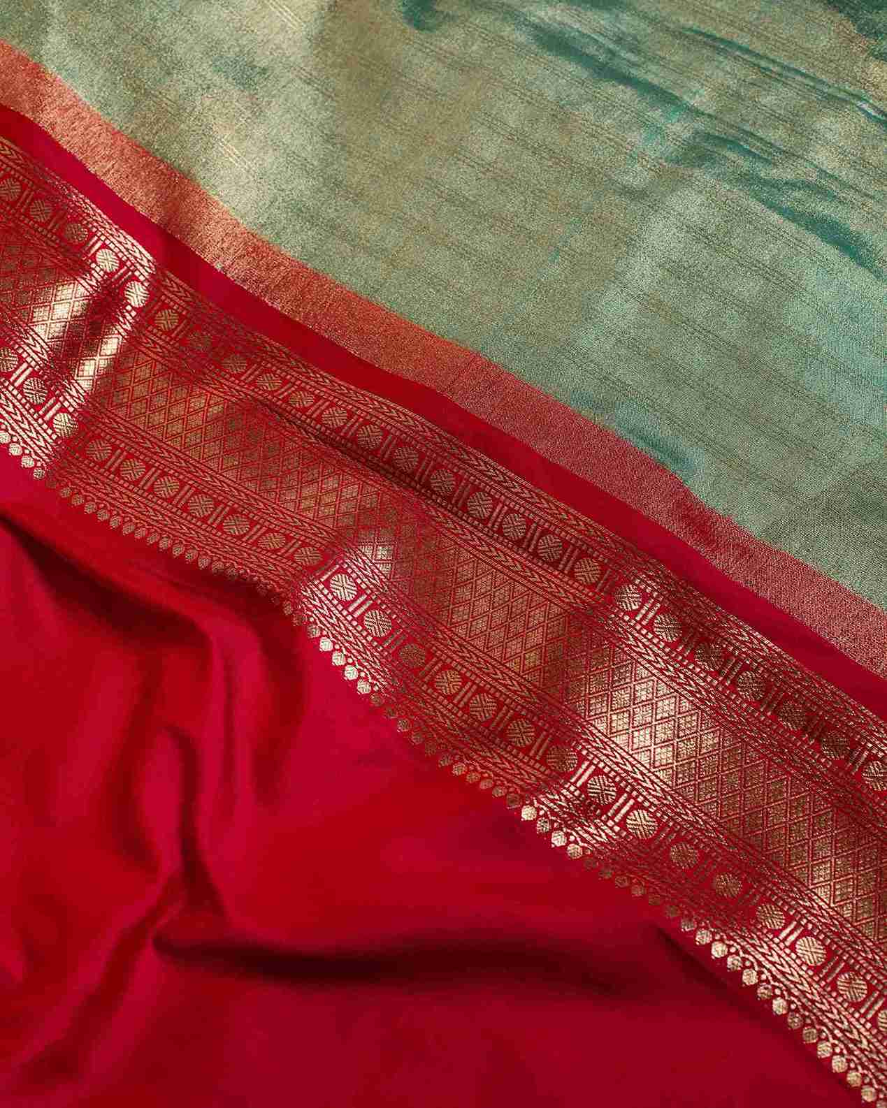 Sea Blue Tissue Kanjeevaram Saree with Fiery Red Accents