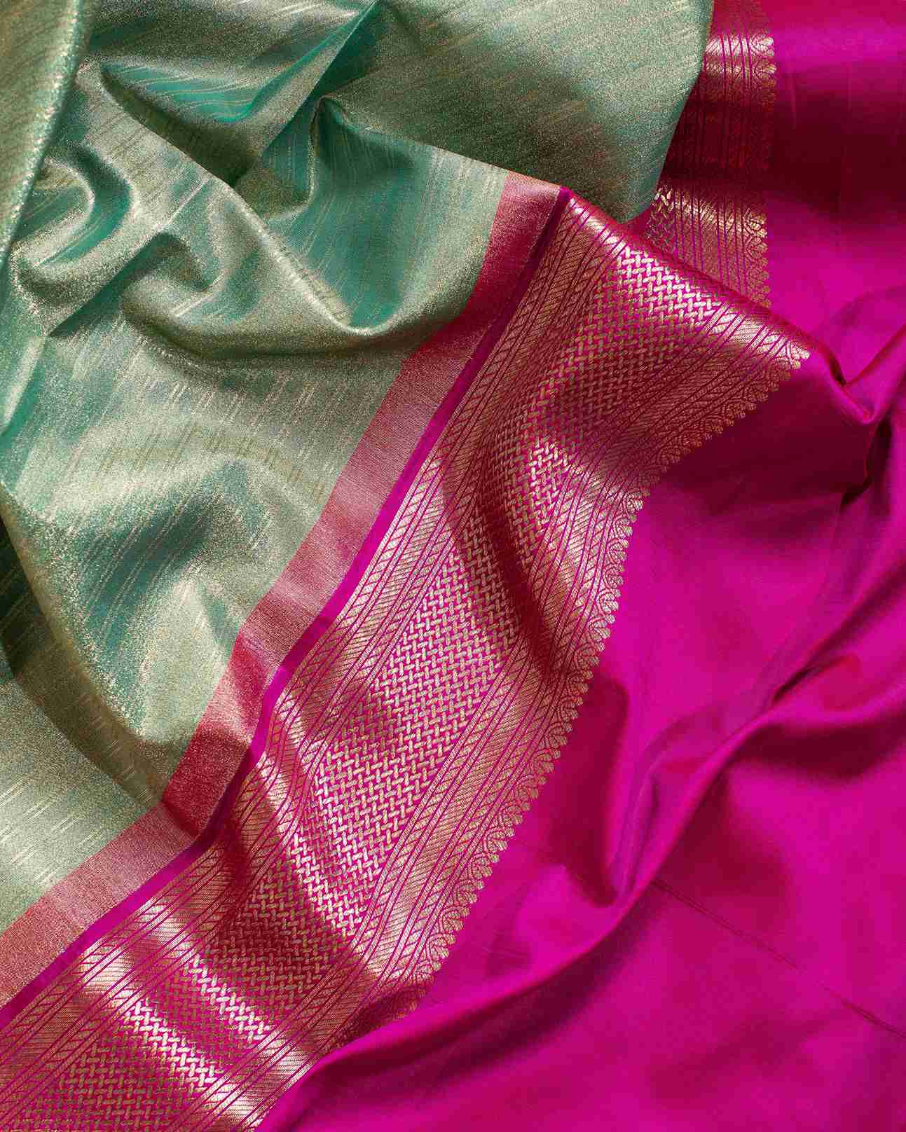 Tiffany Blue and Crystal Rose Pink Kanjeevaram Saree