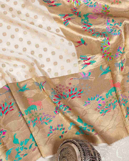 An Ecru Handwoven Mashru Silk Banarasi Paithani Saree