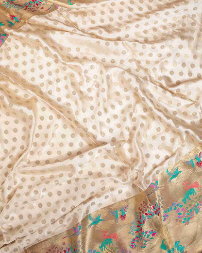 An Ecru Handwoven Mashru Silk Banarasi Paithani Saree