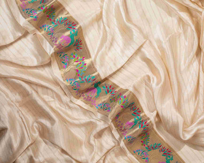 An Ecru Handwoven Mashru Silk Banarasi Paithani Saree