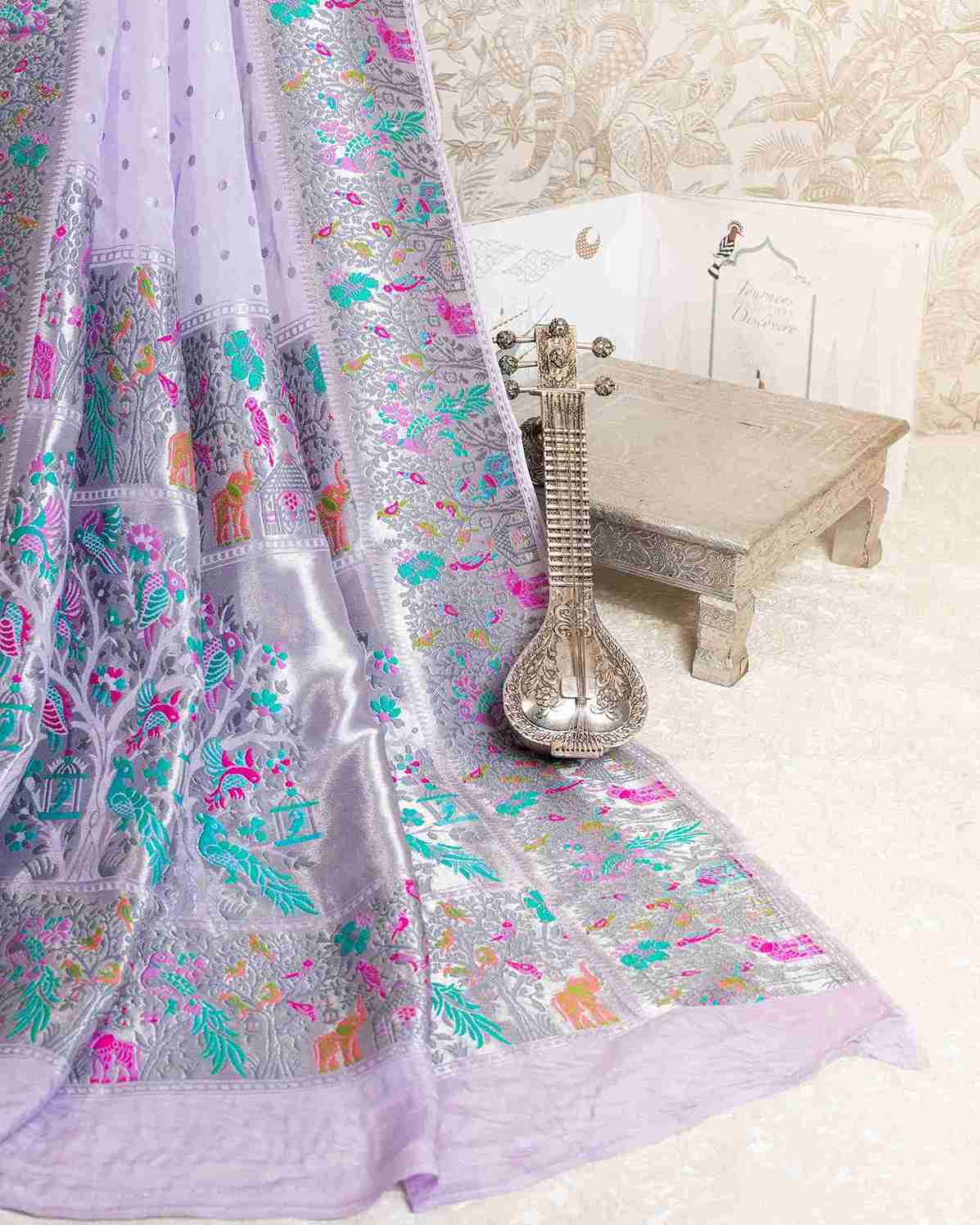 Handwoven Mashru Silk Banarasi Paithani Saree in English lavender