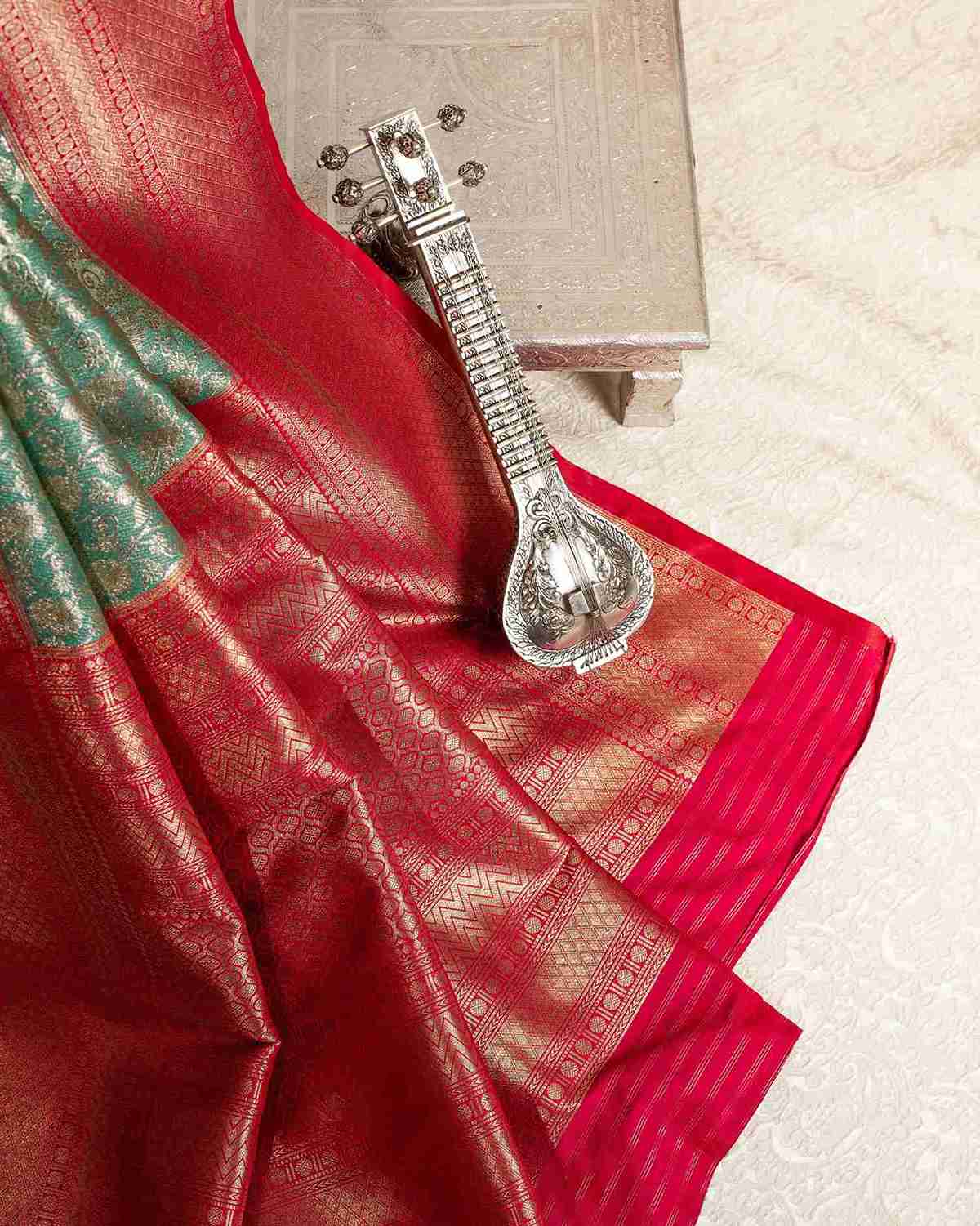 Sea Blue Tissue Kanjeevaram Saree with Fiery Red Accents