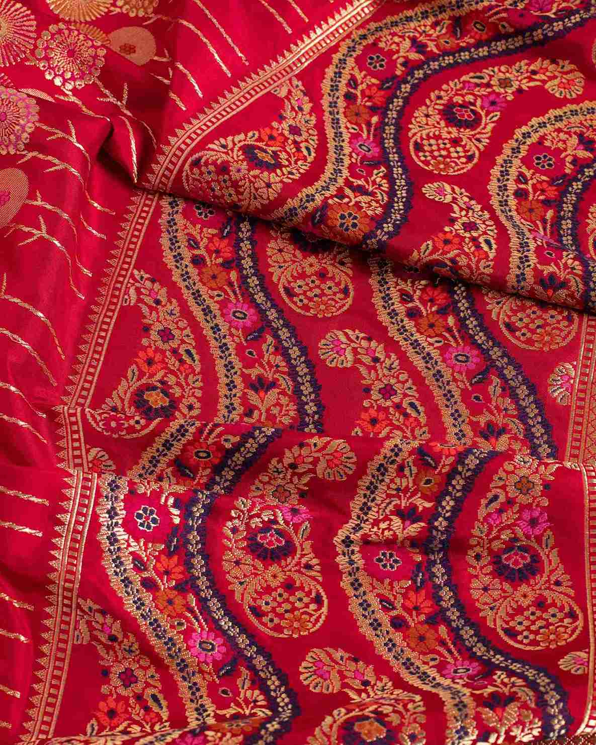 Handwoven Red Banarasi Ektara Silk Saree with Kadwa Border