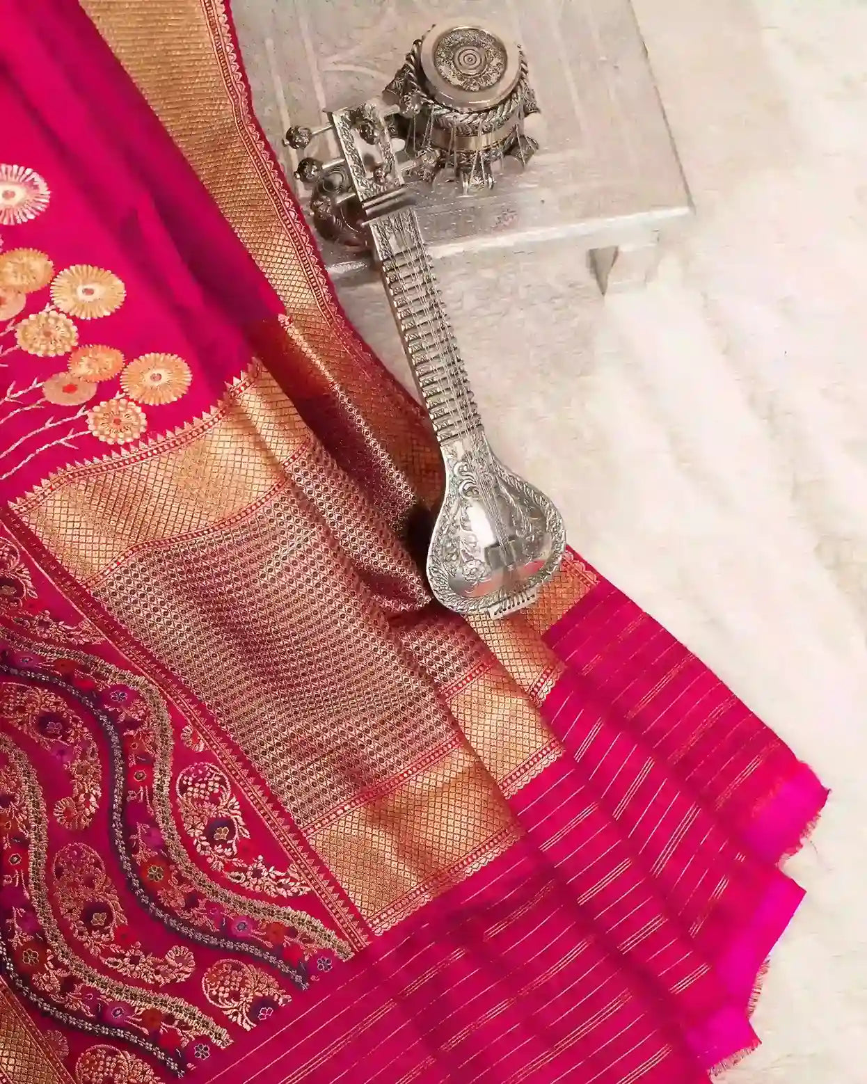 Handwoven Red Banarasi Ektara Silk Saree with Kadwa Border