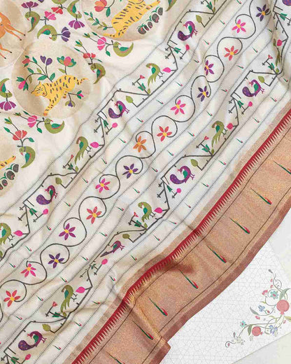 Ecru Silk Paithani Sari